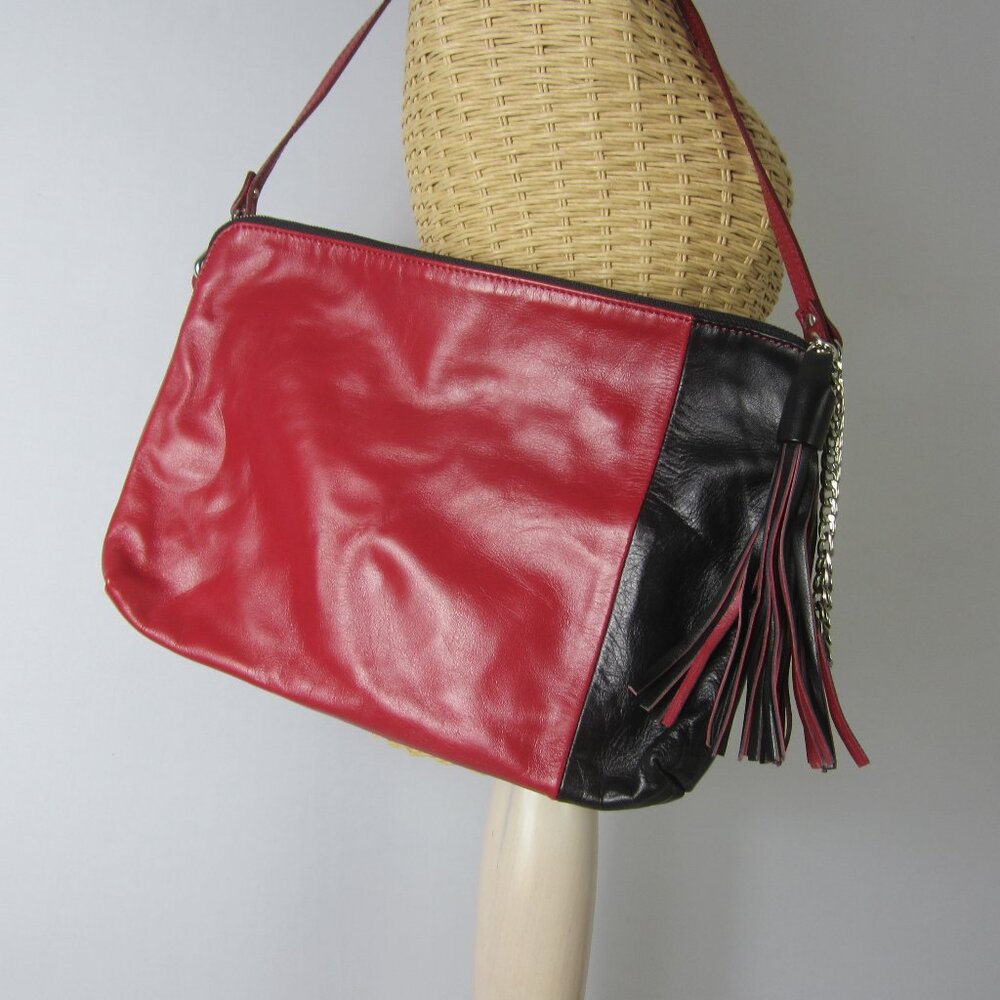 Nicoli Handbag Red Black Leather Zip Tassel Inner Pockets Crossbody Bag Clutch